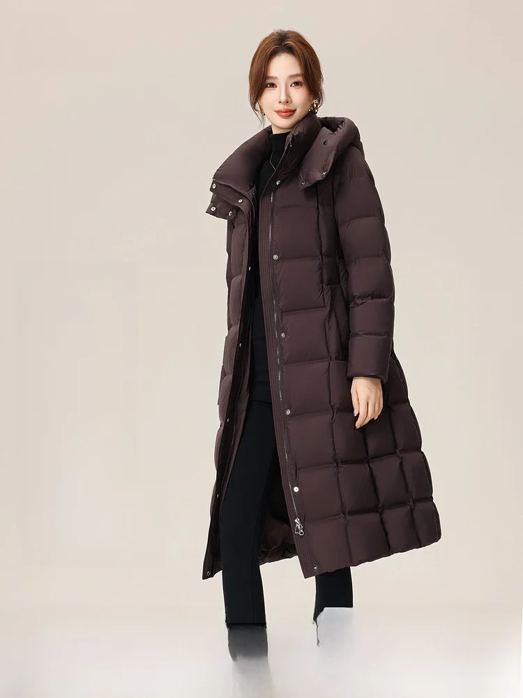 

Ele Long Hooded Women's down Jaet Snow Flng 2026 Spring New Sle Slimming Waist Design High Quali Polyester Fiber