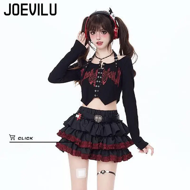 JOEVILU Punk Y2K Baddie Set Gonna torta slim fit scura Top corto con scollo all'americana e set da due pezzi Abito da donna di nicchia in stile coreano