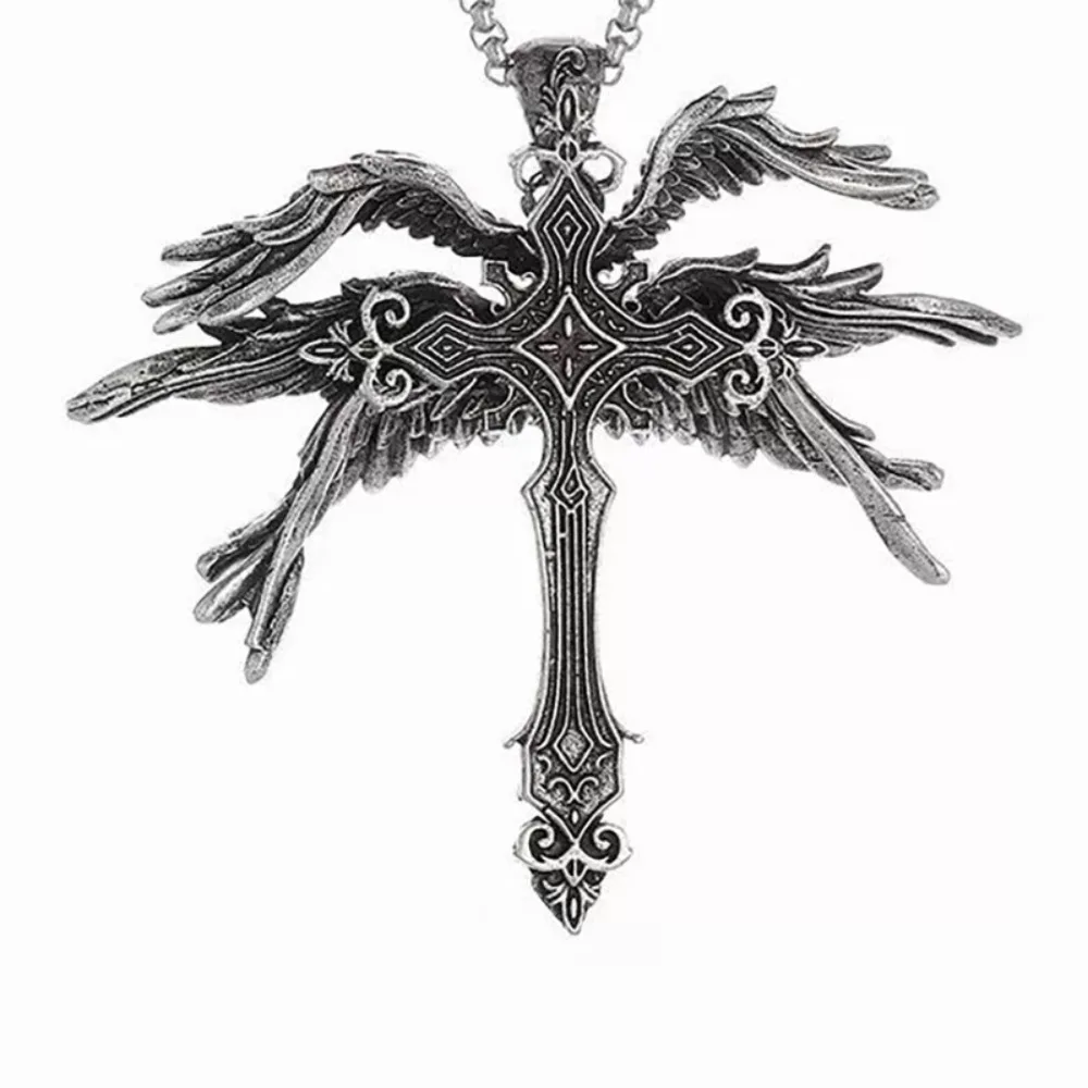 Retro Gothic Jesus Flügel Kreuz Anhänger Halskette Schmuck für Männer Frauen Große Vintage Dark Punk Religiöse Amulett Halsketten Geschenke
