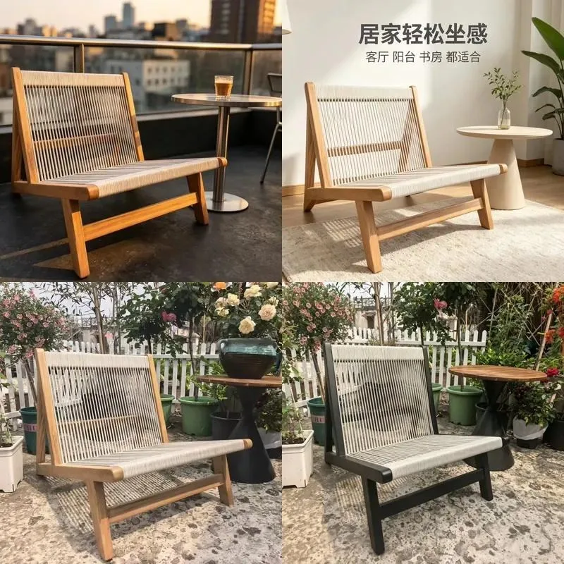 Retro Solid Wood Single Sofa Chair with Woven Rope Design for Balcony and Garden Nordic Style Outdoor Furniture