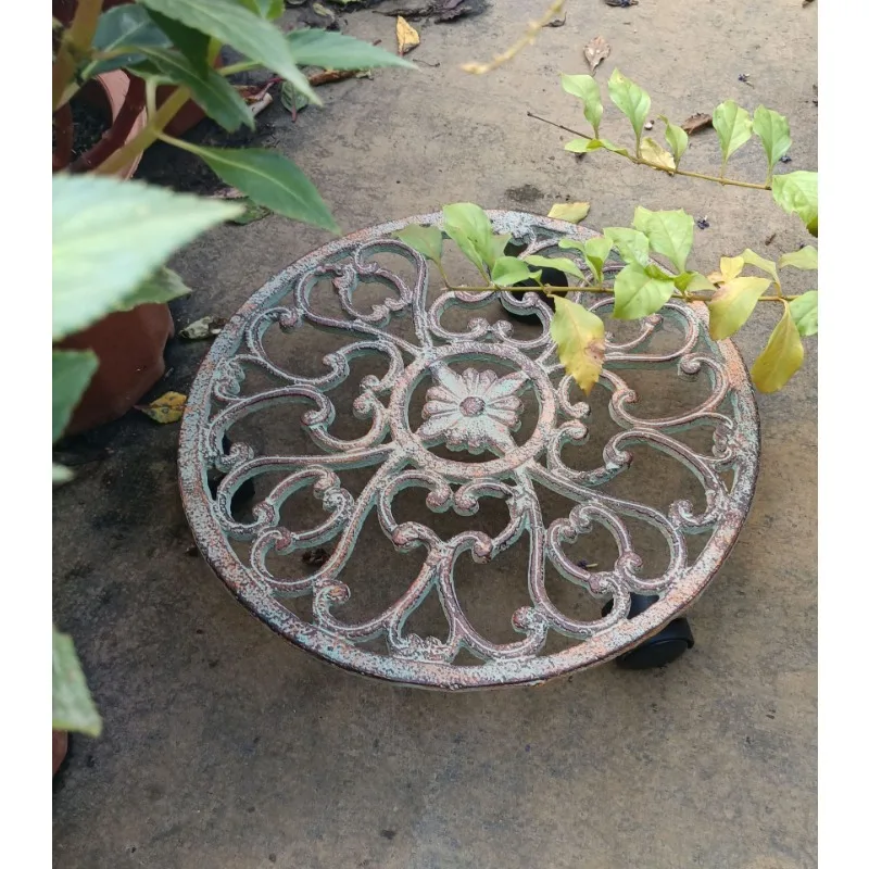 Movable flower stand with wheel large potted plant round tray garden balcony cast iron base
