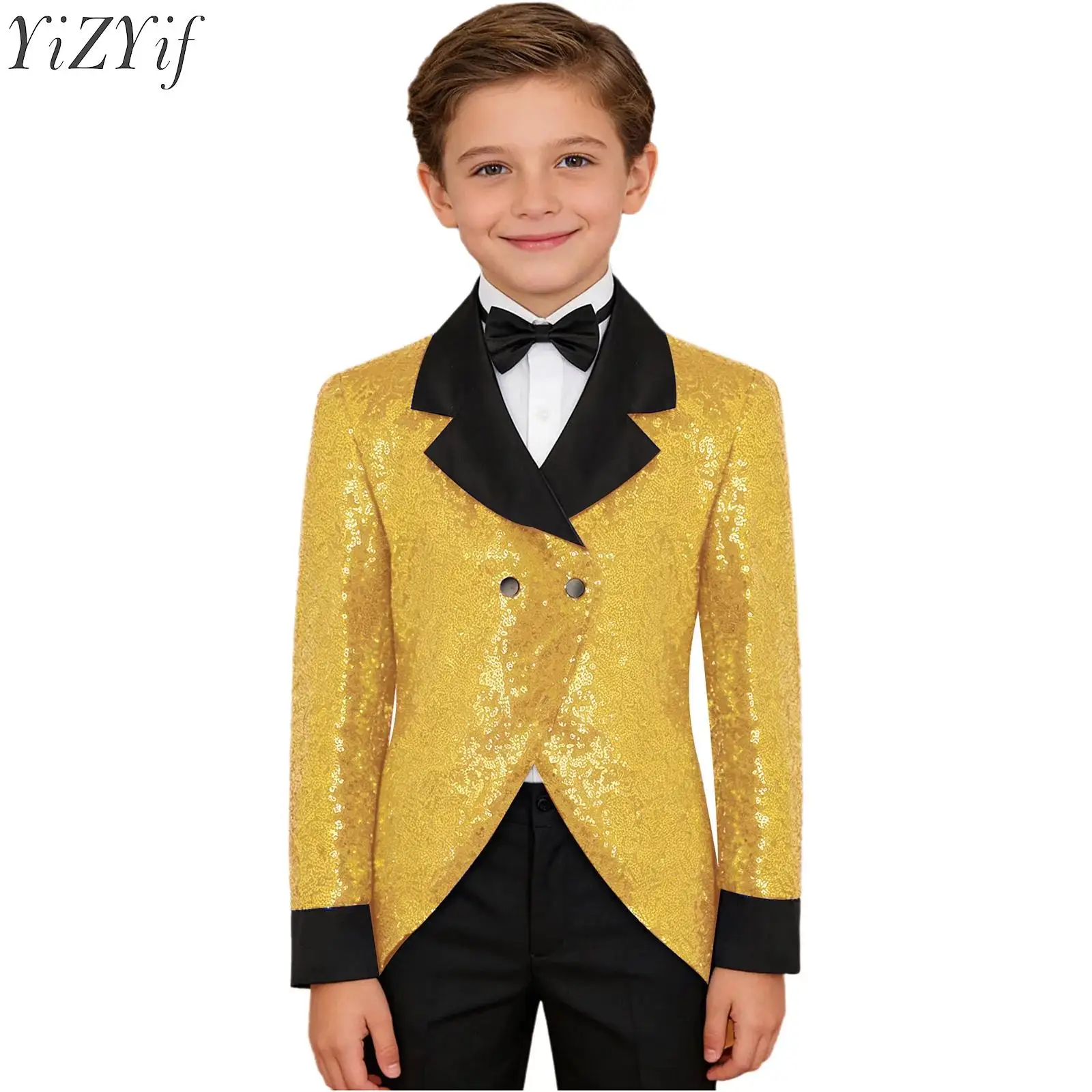 Kids Boys Glittery Tuxedo Blazer Jacket with Bowtie Sequins Tailcoat for Formal Party Stage Performance Recital Wear Outerwear