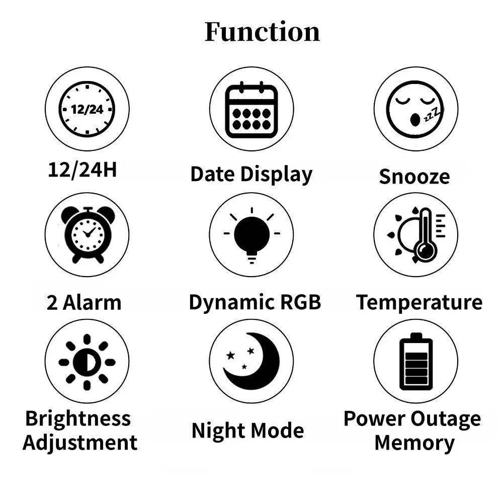 Brightness Adjustment Digital Alarm Clock Voice Control 12/24H Format LED Mirror Clock Date Week 2 Alarms Desk Clock