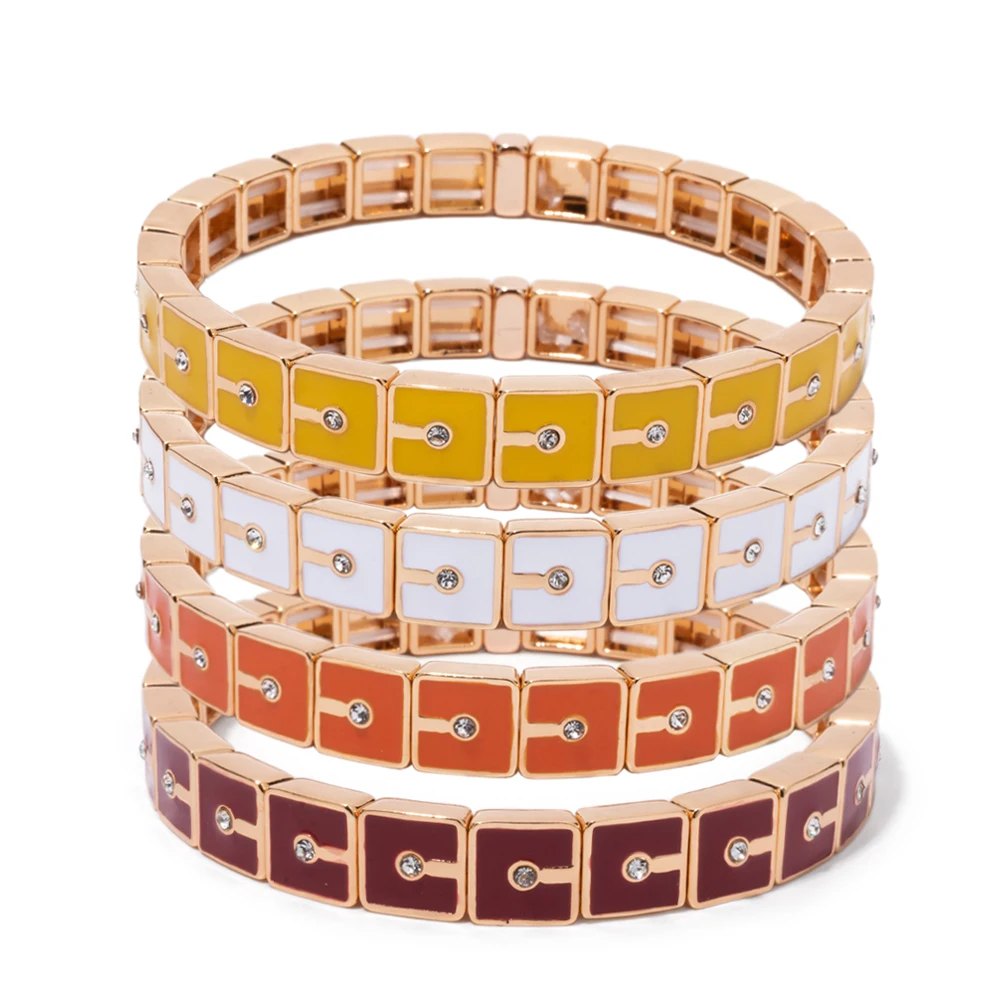 

8x8mm Suqare Shape Enamel Bangle For Women Gold Color Diamond Charm Bracelets