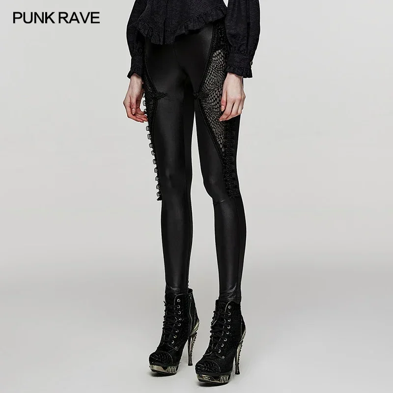 PUNK RAVE Women\'s Gothic Knit Fabric and Mesh Leggings Punk Symmetrical Segmentation Design Lace Decoration Streetwear