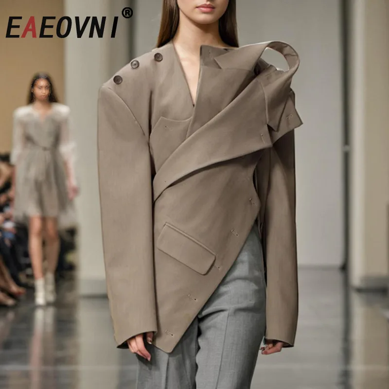 

EAEOVNI Fashion Designer Irregular Blazer Coat Women Patchwork Design Solid Color Button Outerwear Jacket 2025 New Clothing