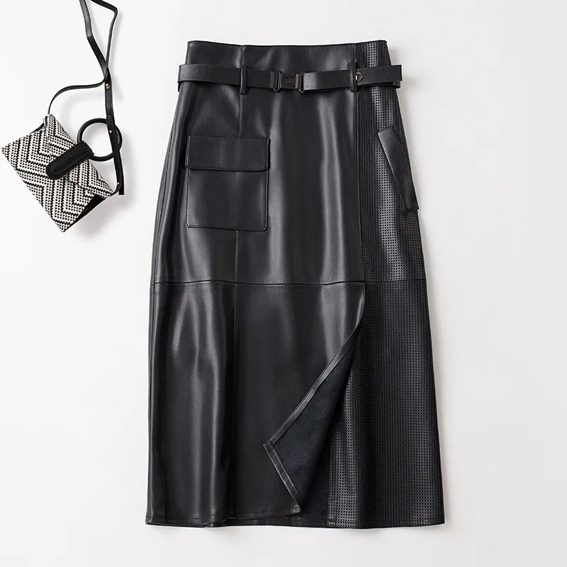 Women's Leather Skirts 2026 Autumn Long PU Leather Pencil Skirt High Waist Bag Hip Skirt Bifurcation Belt Pockets Female Trend