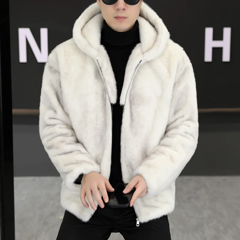 

2025 Winter Mink Fur Leather Jacket for Men Thick and Warm Hooded Faux Fur Coat Casual Social Streetwear Windproof Jackets