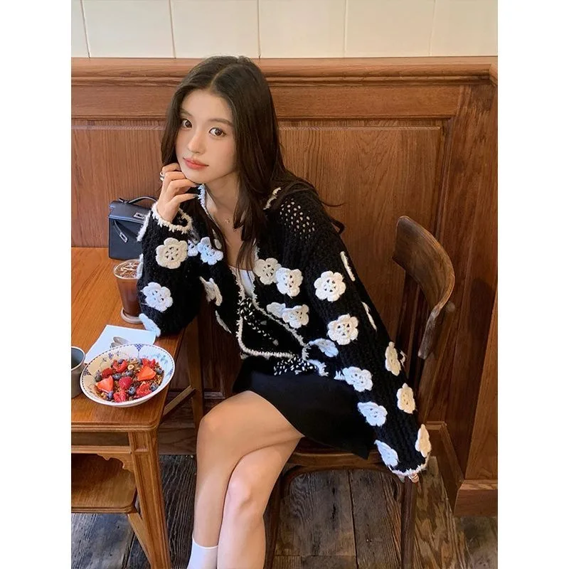 

Blouse Jumper Coat Knitted Cardigan Women's Autumn/Spring Korean Style Black Openwork Crochet Long Sleeves Tie-Front Loose Fit