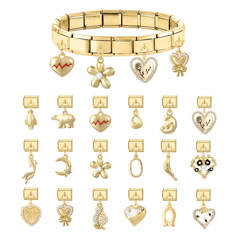 Pendentif étoile lune cœur fleur couleur or, maillons à breloques italiens adaptés au Bracelet en acier inoxydable de 9mm pour femmes et hommes, fabrication de bricolage