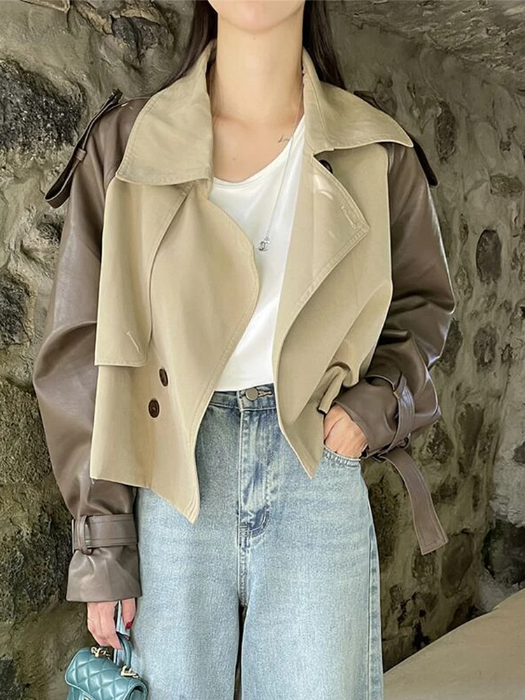 

Chic Autumn ort Svel Double Breasted Color Blo PU Coat Women's Suit Collar Jaet Commute Sle Casual Outerwear