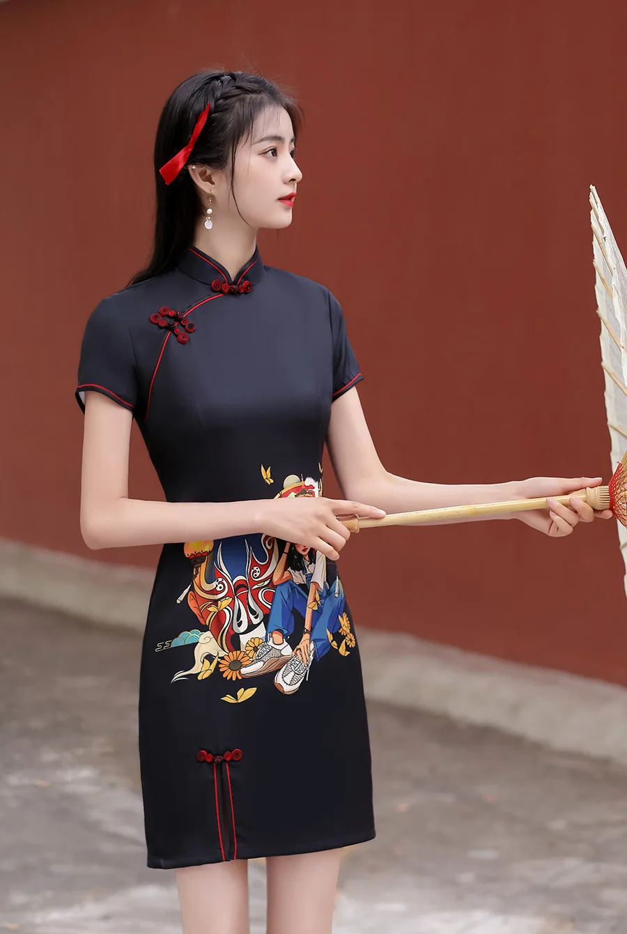 

2023 Black Pink Fashion Cheongsam Women Vintage Dress Party Costumes Slim Ethnic Style Floral Short Dress S To 2XL