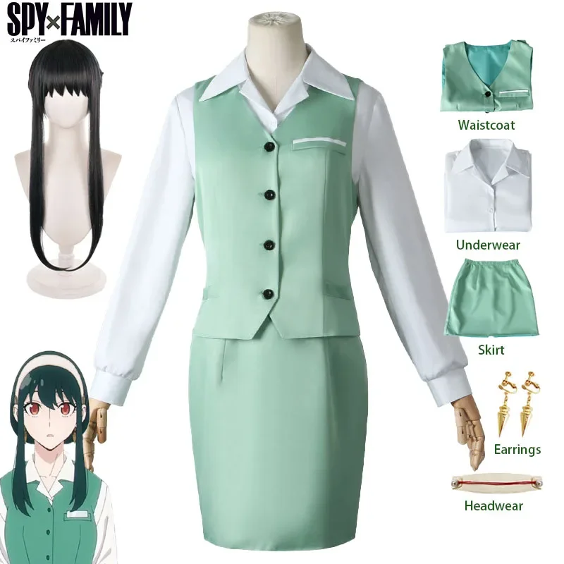 

Yor Forger Cosplay Costume Anime SPY X Family Green Suits Wig Skirt Outfits Halloween Party Role Play Full Set Uniform for Girls