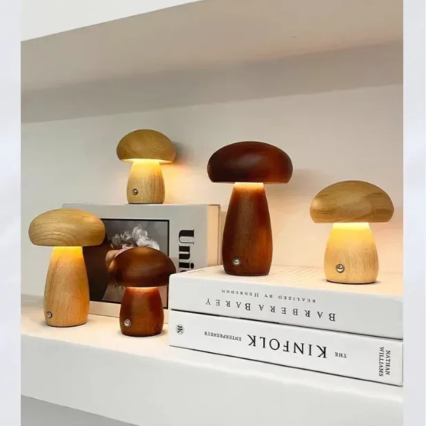 

Solid wood head mushroom lamp ornament charging night light creative desk lamp bedroom simple home atmosphere table light