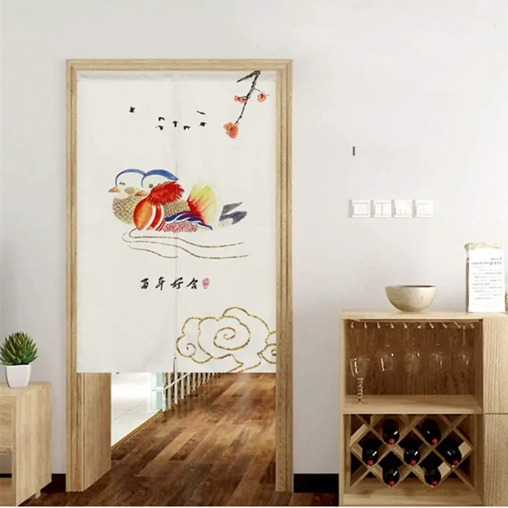 Oriental Mandarin Duck Door Curtain, Mandarin Ducks & Plum Blossom Pattern, Waterproof Washable Noren Curtain for Wedding Hall