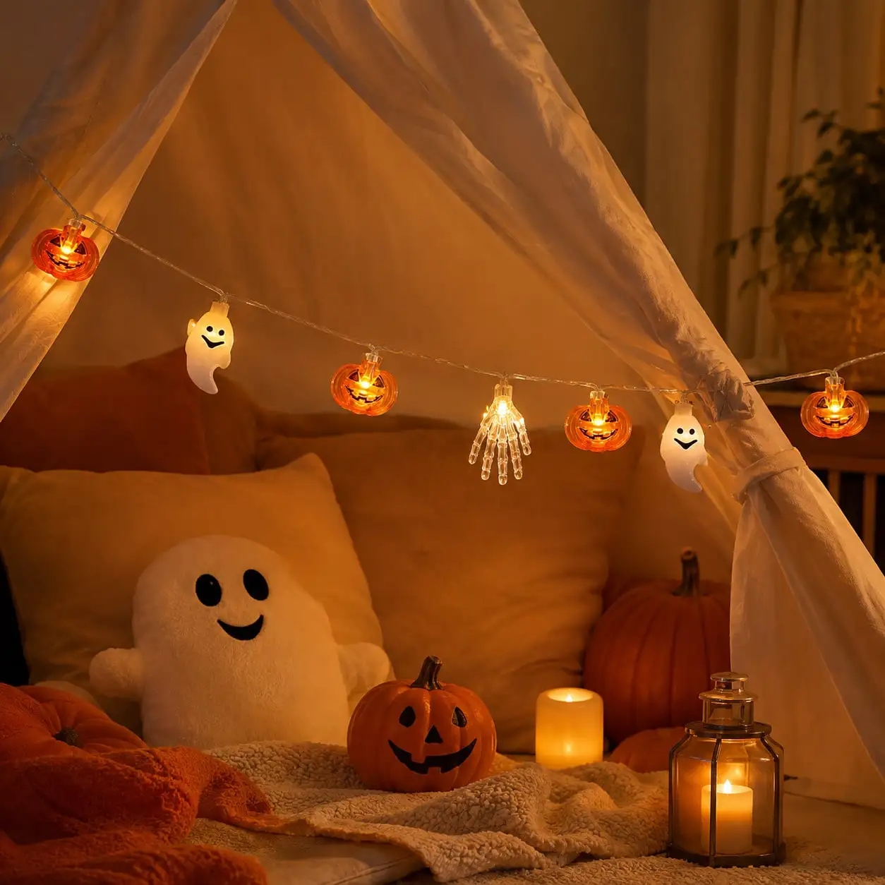 1pc 10/20/40LED Halloween String Lights Mixed Pumpkin Ghost Skeleton Hand Warm Light Fairy Lamp For Indoor Outdoor Party Decor