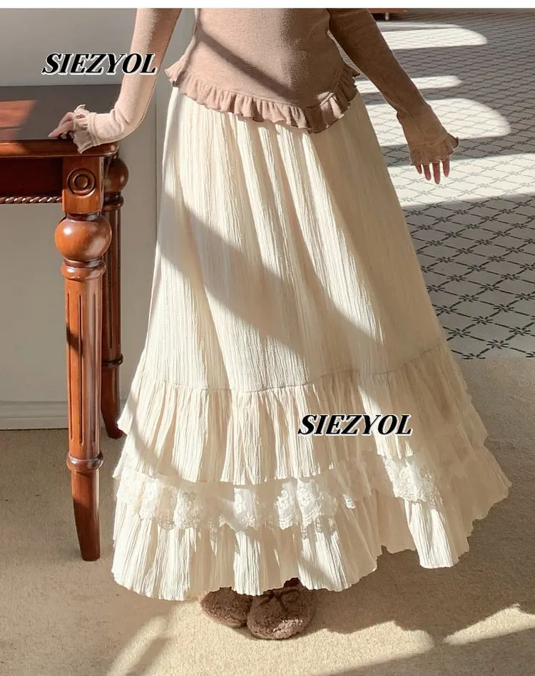 Sweet and Gentle Style Cascading Lace Design Long Skirt 2026 New Solid Color Versatile Elastic High Waist Maxi Skirts