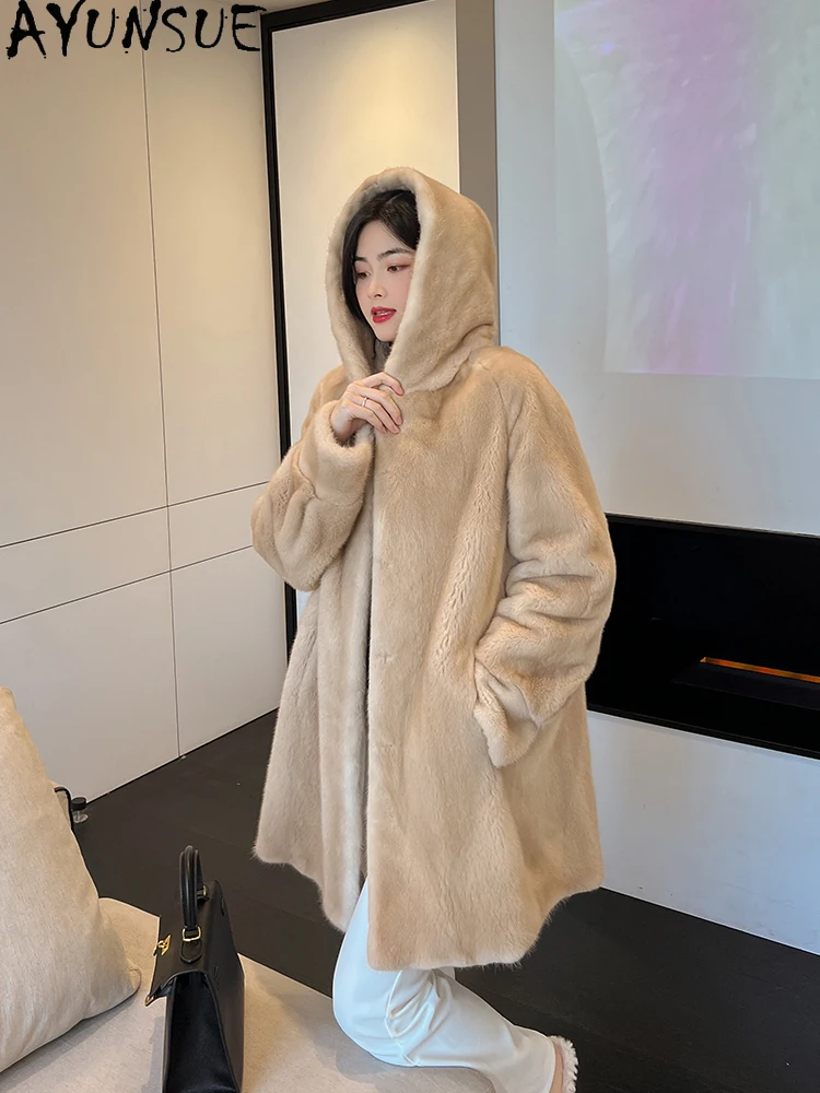AYUNSUE 2025 Nowy Naturalny Aksamitny Futro z Norki Damski Luksusowy Płaszcz z Kapturem Całe Futro z Norki dla Kobiet Odzież Wysokiej Jakości Abrigo Mujer