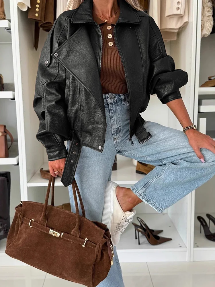 

Spicy Girl Locomotive Long Sleeve Jacket Fashion Lapel Zipper Commute Retro Outwear Autumn Winter New Pure Color PU Leather Coat