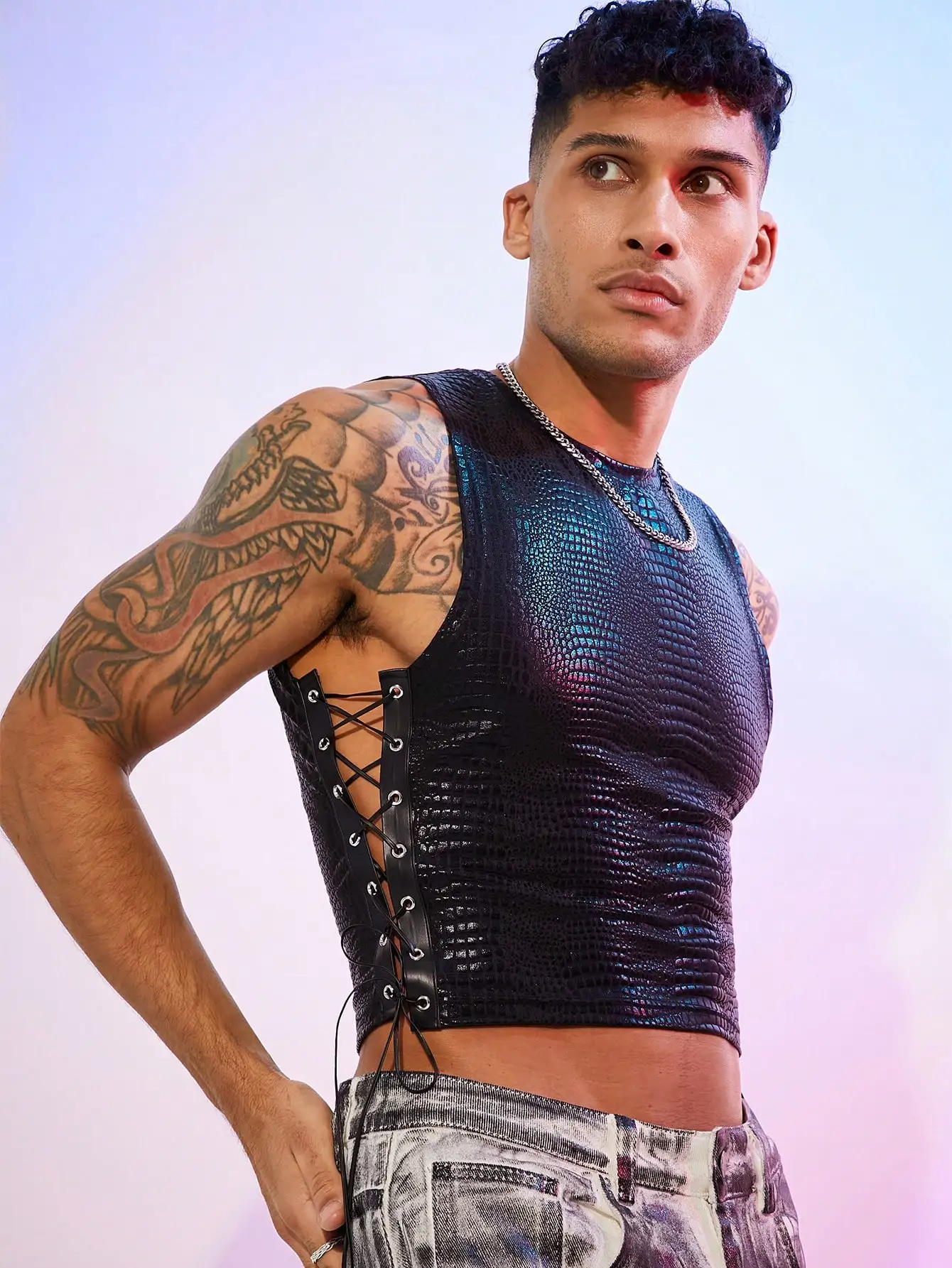 

Men's Iridescent Croc-Embossed Side Lace-Up Sleeveless Crop Tank
