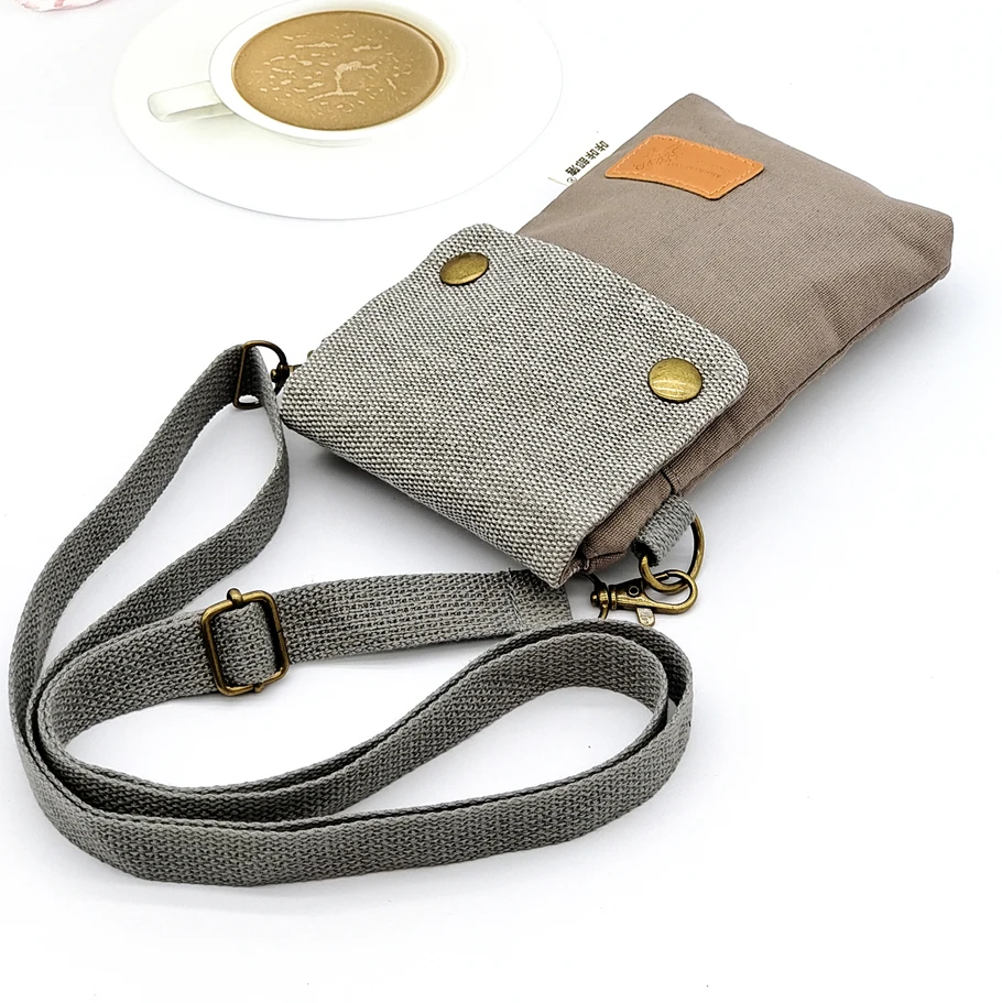 Retro Canvas Mobile Phone Bag Large Capacity Crossbody Bag with Card Holder Wallet Strap Purse Mini Vintage Cellphone Pouch