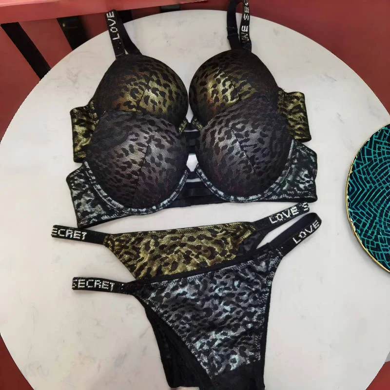 Victoria's Secret Leopard Rhinestone Sexy Bra Set Letter Women Bralette Girls Underwear Thong Gather Bras Lingerie Panty Sets