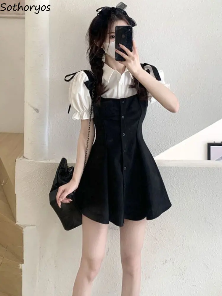 

Mini Dresses Sets Women 2pcs Design Empire Slim Preppy Style Shirts Basic Ulzzang Students Simple Casual Pure Vestidos Summer