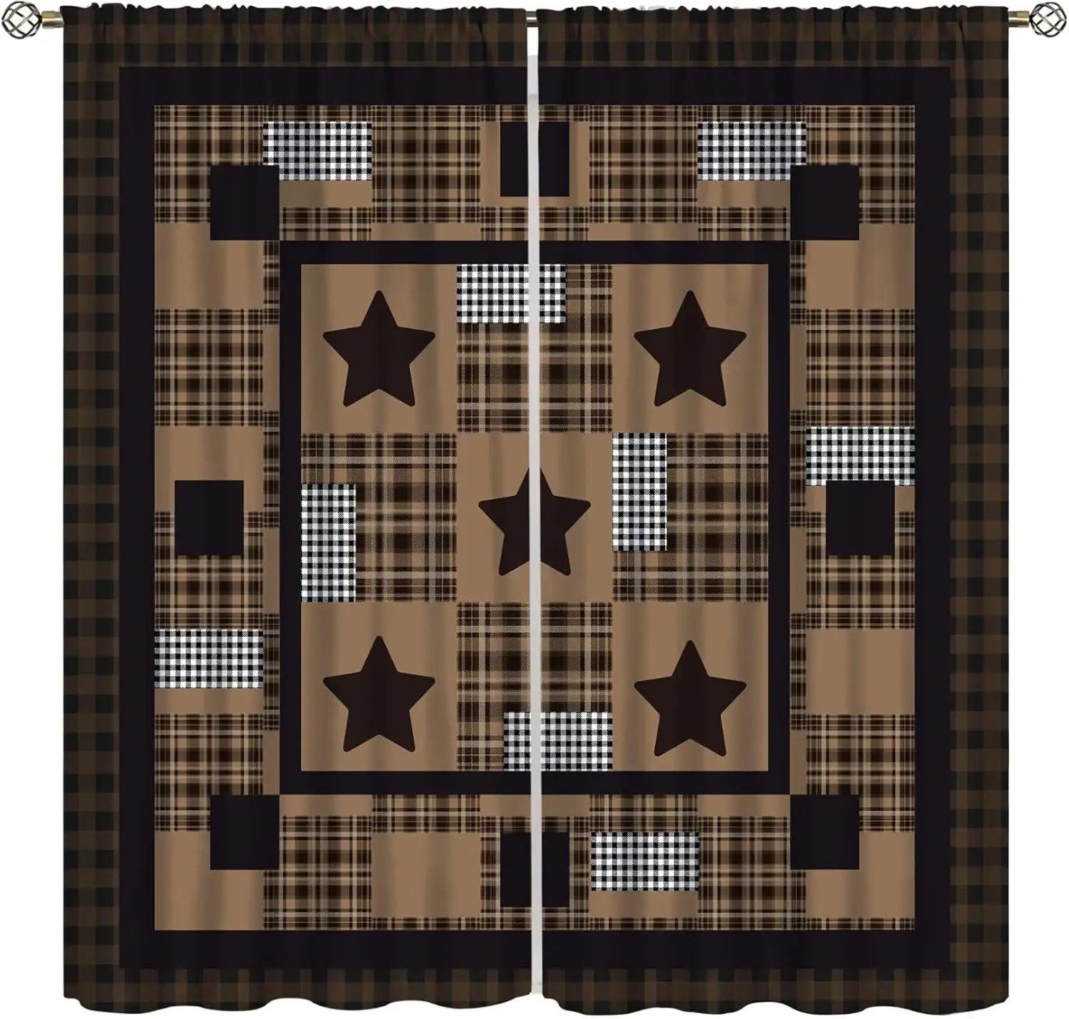 Western Star Theme Patchwork Curtains Plaid Pattern Rustic Cabin Country Window Treatments for Bedroom Living Room Decor