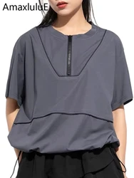 Amax luluE Korean Design Summer Zipper T-shirts Womens 2024 Loose Casual Luxury O Neck Tops Ladies Classic Harajuku Punk Clothes
