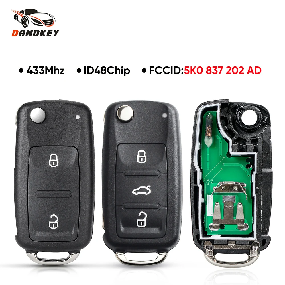 Dandkey 3BT Remote Flip key 434MHz ID48 Chip For VW Volkswagen GOLF PASSAT Tiguan Polo Jetta Beetle Skoda Seat Car 5K0837202AD