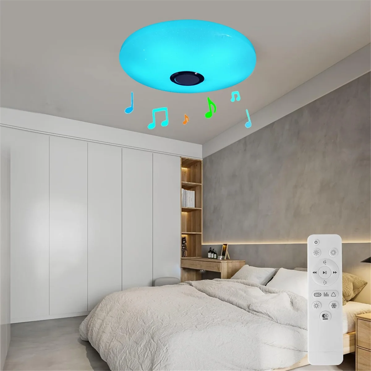 Luz de teto com controle remoto, alto-falante Bluetooth RGB, montagem embutida LED, luminária para chuveiro, plug UE, 12 em, 24W