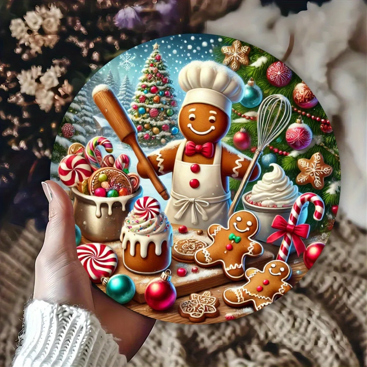 1pc Vintage Gingerbread Girl Christmas Cookie Round Metal Aluminum Sign, Aluminum Wall Art, Suitable for Home, Bar, Cafe Decorat