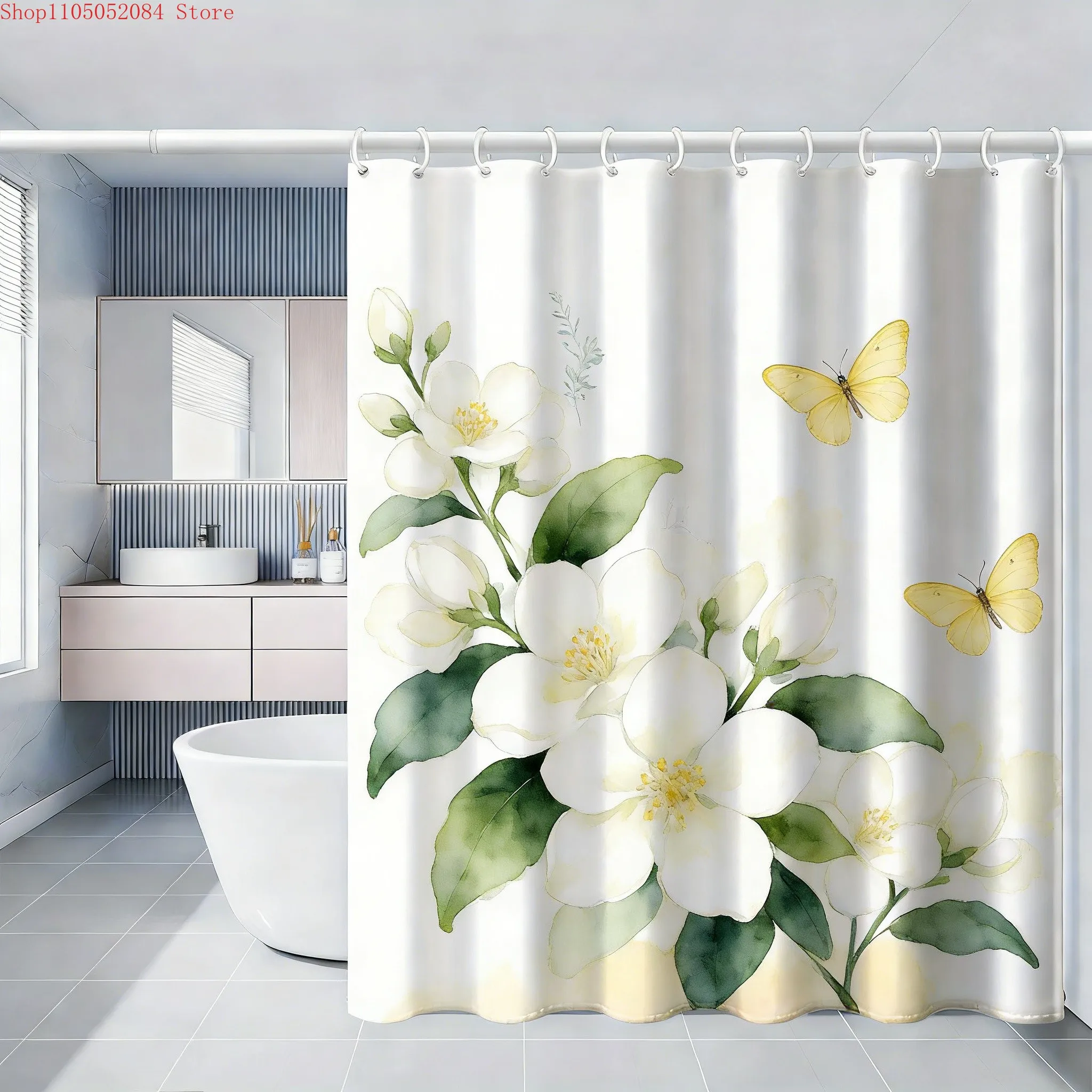 Weißer Jasmin-Aquarell-Blumendruck mit gelben Schmetterlingen, wasserdichter Duschvorhang