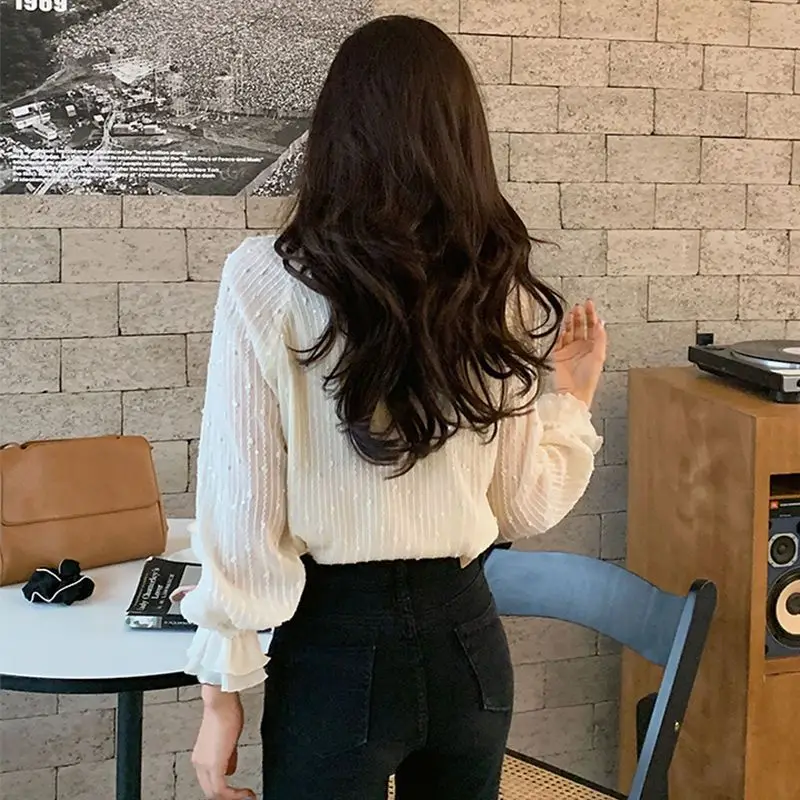 Office Lady Sweet Lantern Sleeve Shirt Spring Autumn O-Neck Women\'s Clothing Fashion Ruffles Spliced Korean Solid Color Blouse