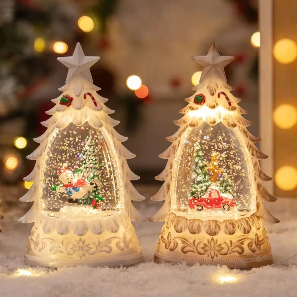 Christmas Tree Shape Christmas Snow Globe Lighted Desktop Ornament Lighted Water Lantern Floating Snowflakes Handicrafts