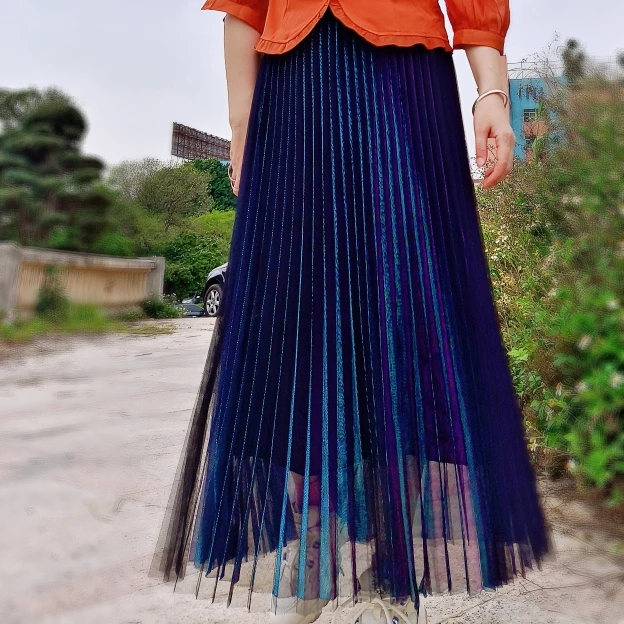 Primavera verão menina coreano elasticidade cintura alta moda gaze saia plissada longa a linha versátil personalidade chique cor saias