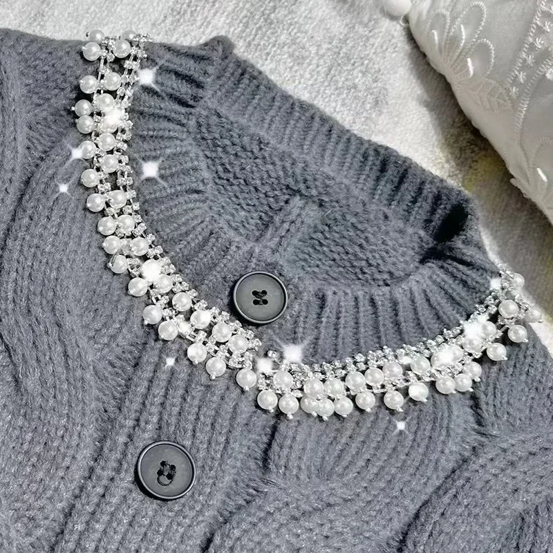 Francese elegante socialite girocollo diamante perla manica lunga monopetto maglione lavorato a maglia cardigan corto top donna autunno