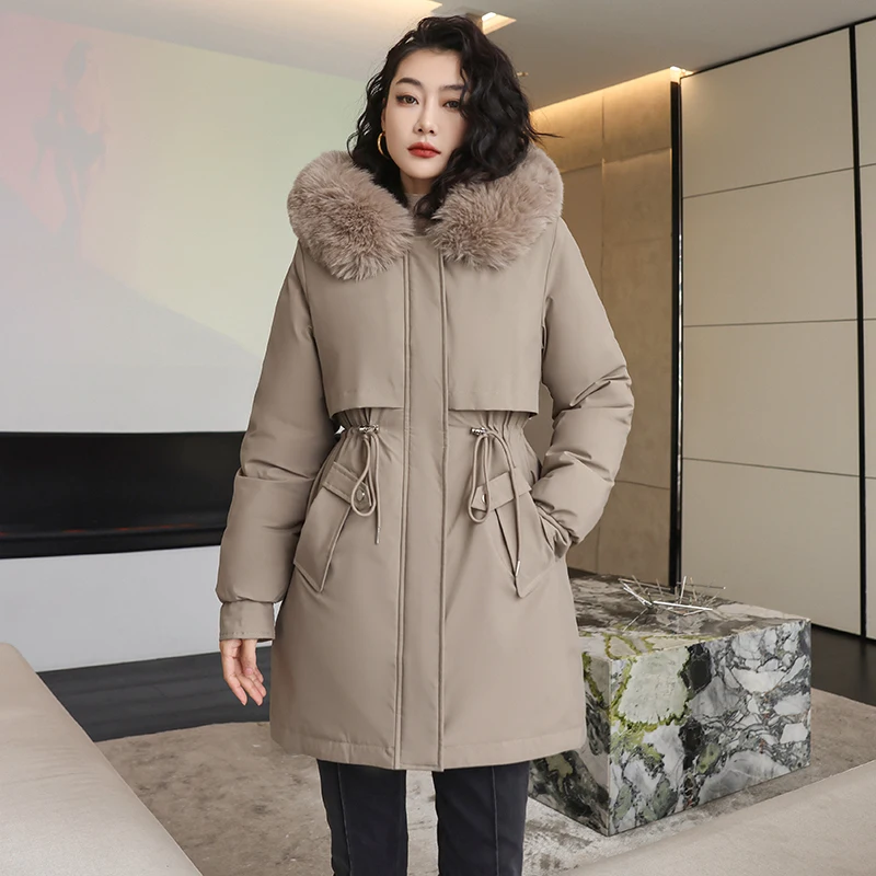 Winter Women Hooded Parka Jacket 2024 New Fashion Long Coat Wool Hooded Parkas Slim With Female Fur Collar Warm Loose Overcoat