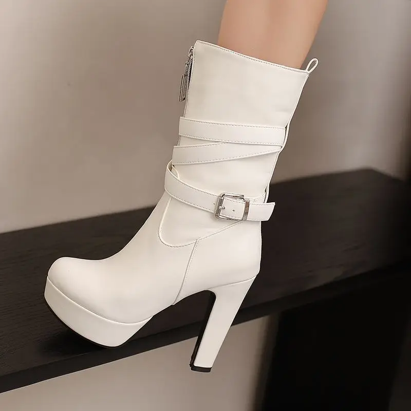 

ORCHA LISA Modern Trendy Women's Mid Calf Boots Round Toe 12cm Block Heel 3.5cm Platform Zipper Buckle Large Size 43 48-50