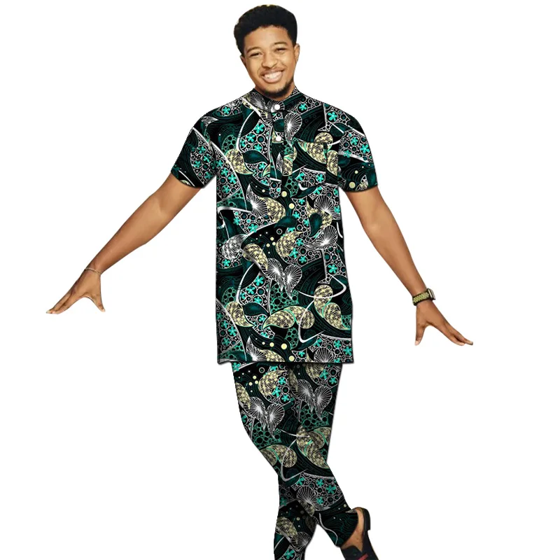 Ropa con estampado africano para hombre, camisas y pantalones con cuello Henry, conjuntos de pantalones personalizados, moda nigeriana, trajes