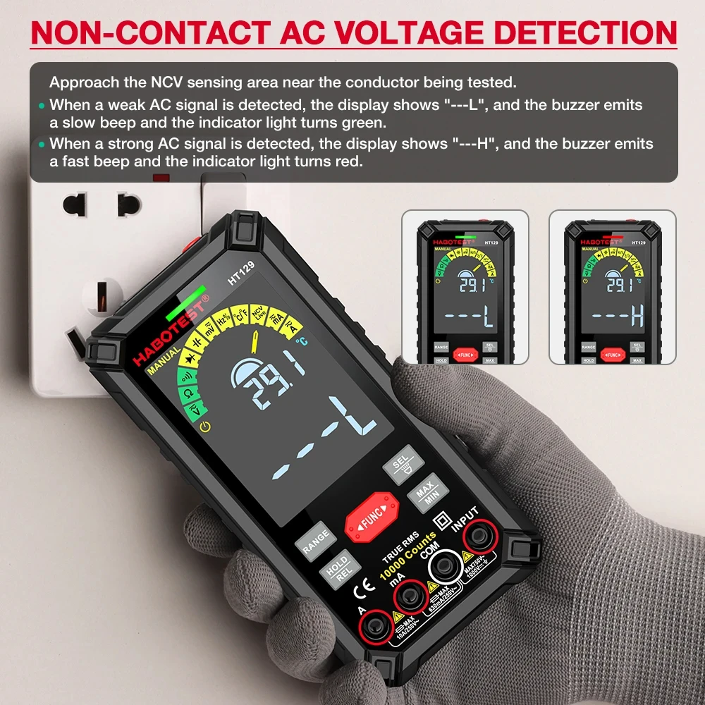 HT129 Smart Digital Multimeter 9999 Counts AC/DC Ammeter Voltmeter USB Rechargeable Ohm Diode NCV Multimeter Tester Color Screen