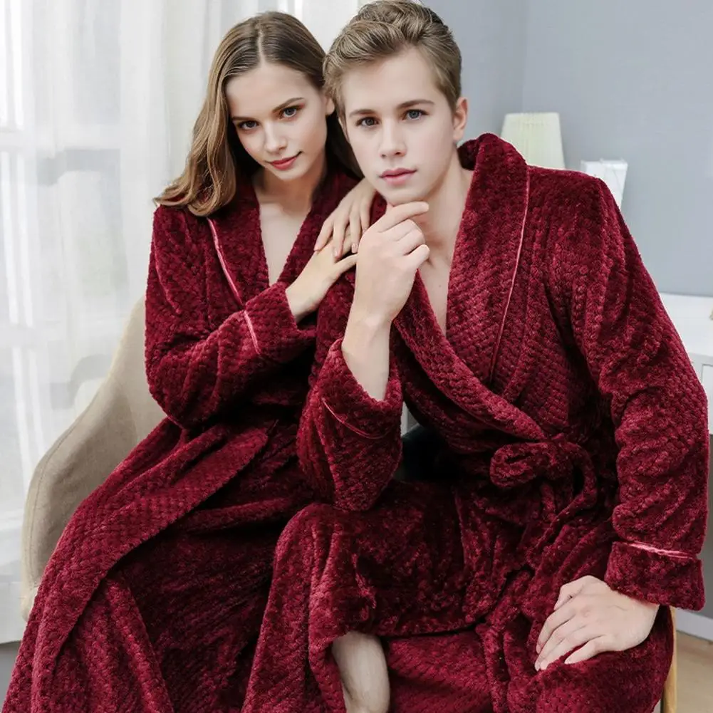 Winter Couple Nightgown Thick Coral Fleece Warm Lace Up Adjustable Belt Sleepwear Mid Length Turn-dowm Collar Spa Hotel Bathrobe