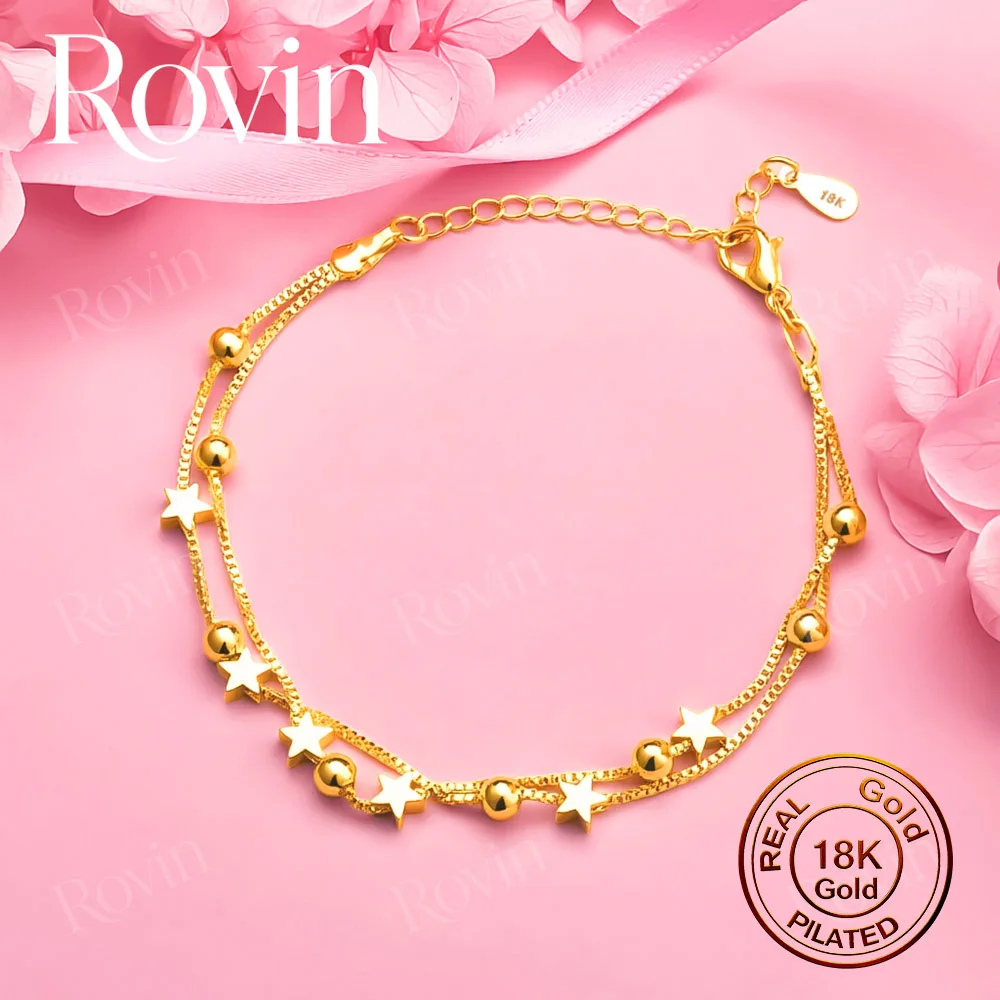 18K Gold 8-Inch Exquisite Double-Layer Star and Bead Bracelet – Stylish Women's Accessory for Weddings and Parties
