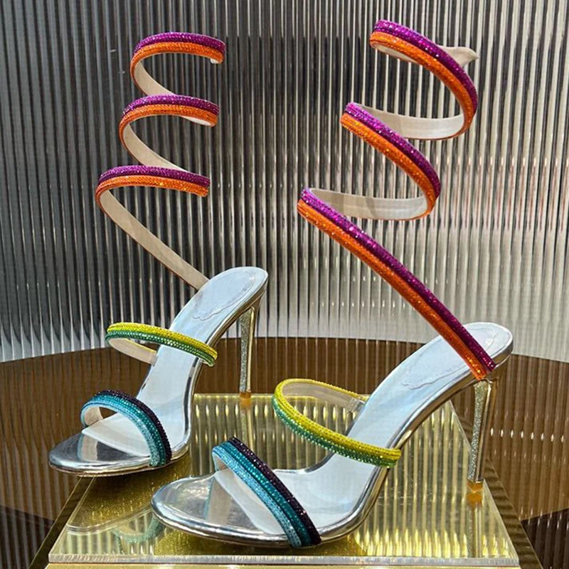 High Heels Gladiator Sandals Women Shiny Rhinestone Ankle Snake Shaped Winding Party Shoes Sexy Thin Heels Open Toe Sandalias