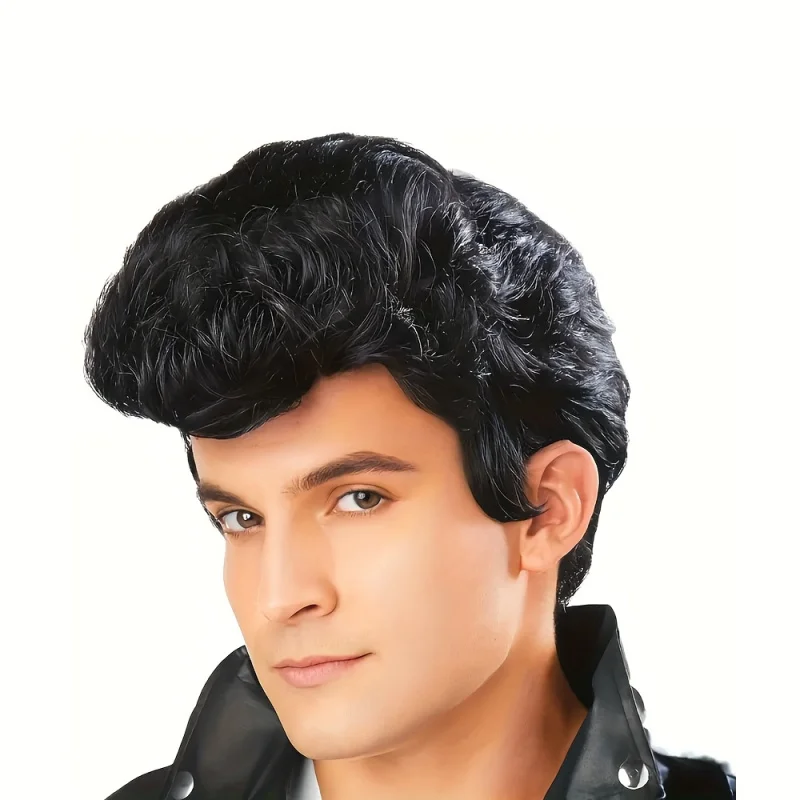 شعر مستعار ديسكو أسود مموج عصري للرجال - باروكات صناعية على شكل كات كينج لشعر مستعار روك ستار 70'S 50'S مثالي للحفلات