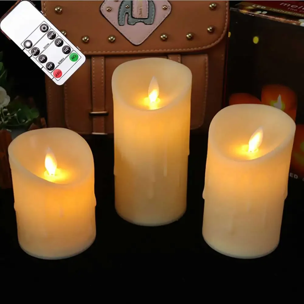 Remote Control Moving Wick LED Candles Pack of 3, Realistic Flame Effect Flameless Battery Candles for Wedding Home Decor