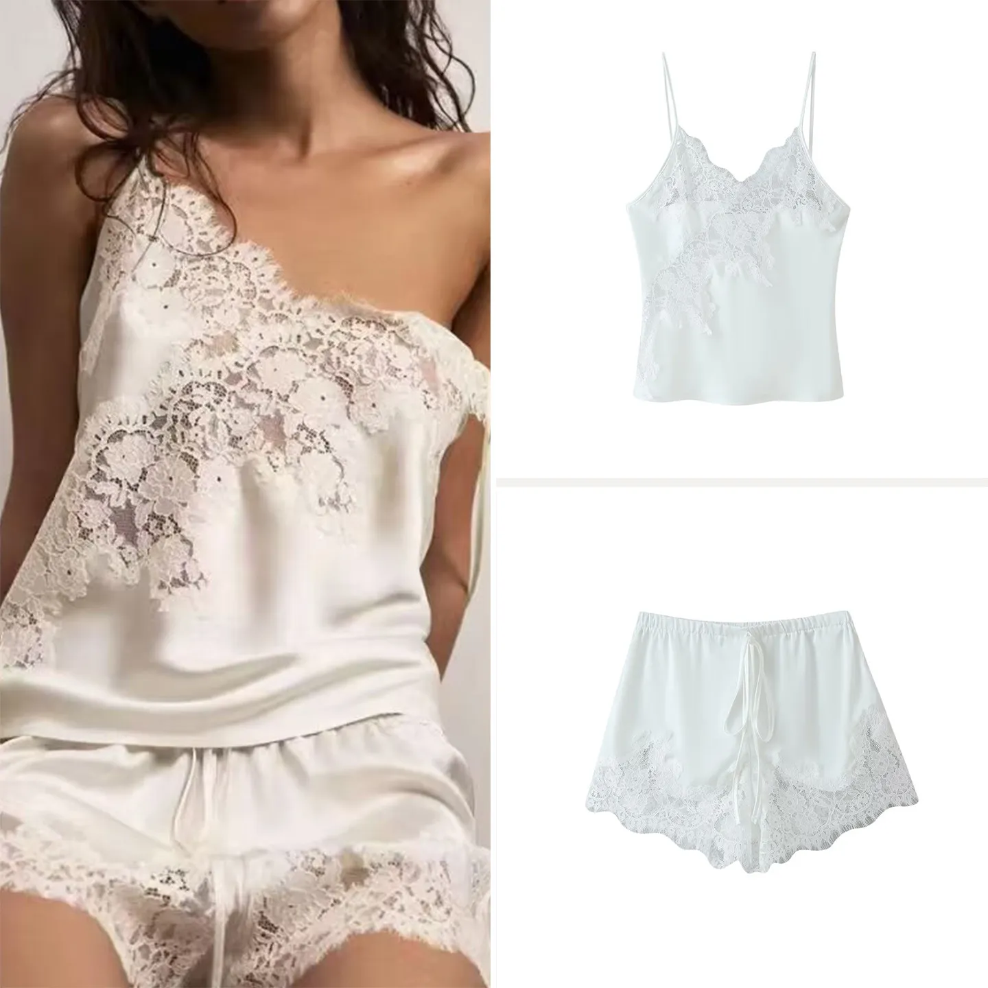 

Summer Fashion Lace Trim Splice Straight Leg Short Pants Set Women's 2026 New Style Strap Vest Two-Piece Suit Casual Wear