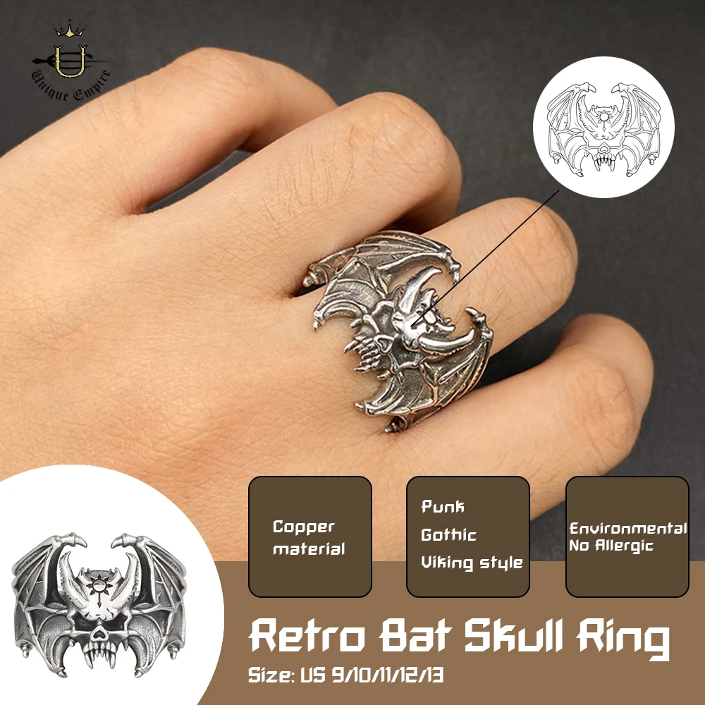 Gothic Bat Skull Ring for Men Retro Wide Adjustable Biker Ring Halloween Vampire Jewelry Personalized Art Decoration Ring Punk