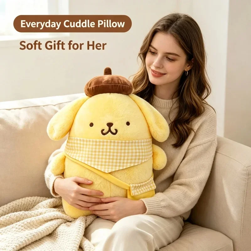 Yellow Pom Pom Purin Stuffed Plush Cushion, Cartoon Character Back Support Pillow, Home Sofa Bed Decor, Xmas Holiday Gift