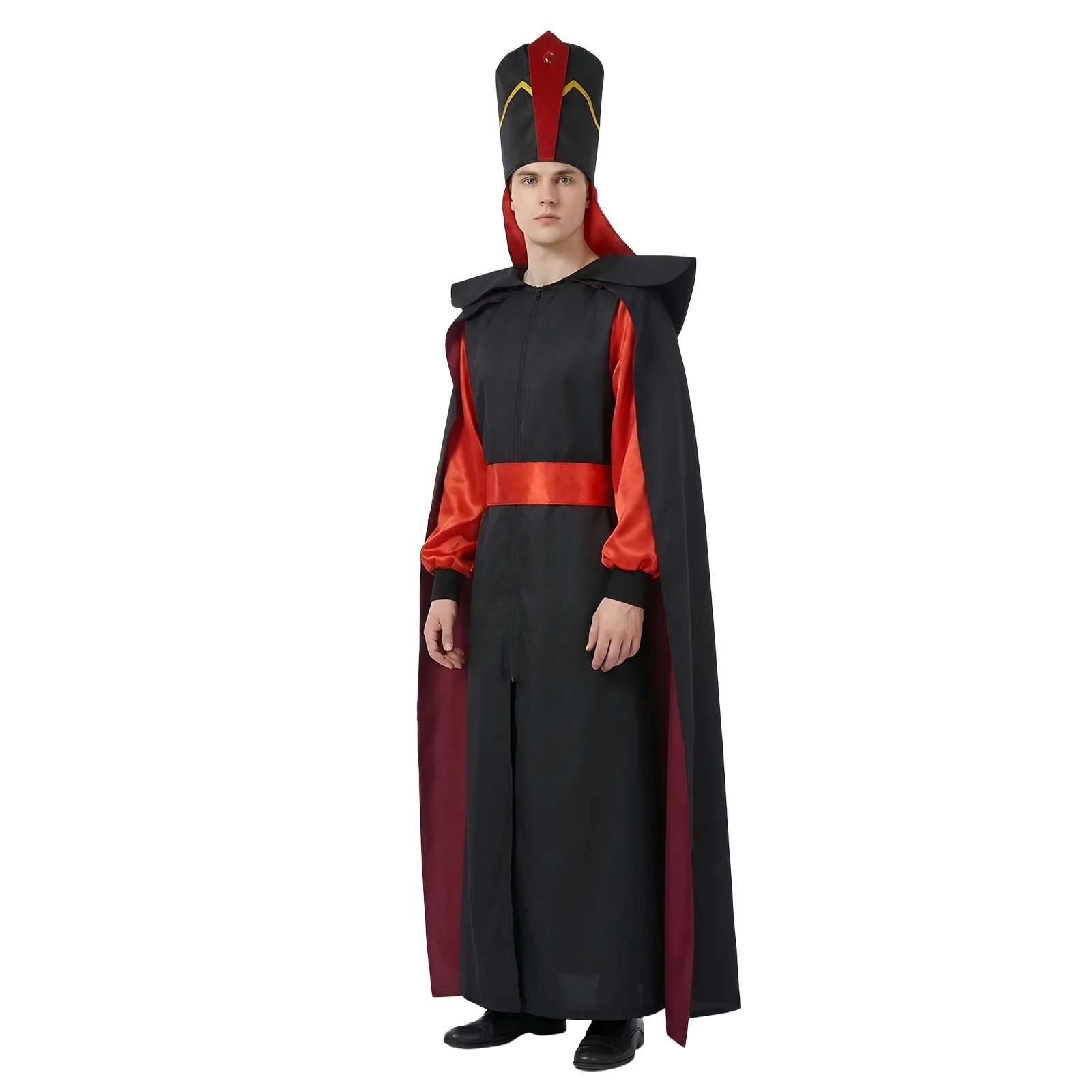 Film-Jafar-Cosplay-Kostüm, Overall, Umhang mit Hut für Männer und Frauen, Outfits, Halloween-Kostüme, Cosplay, Rollenspiel, Party, Partykleid